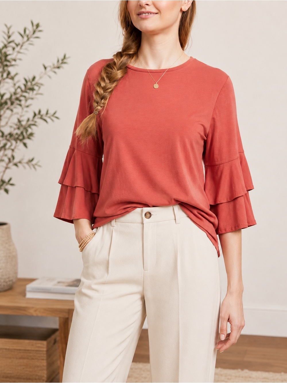🌹 Frye Ruffle Sleeve Top Baked Clay Coral Medium Boho